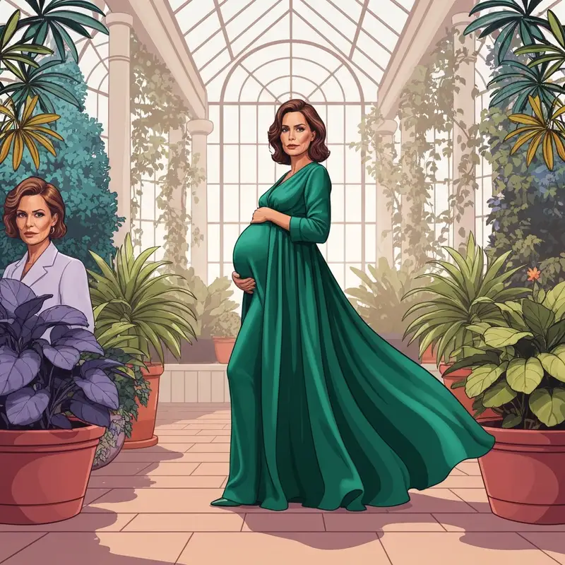 A woman wearing an elegant emerald green maternity wedding guest dress in a garden setting.