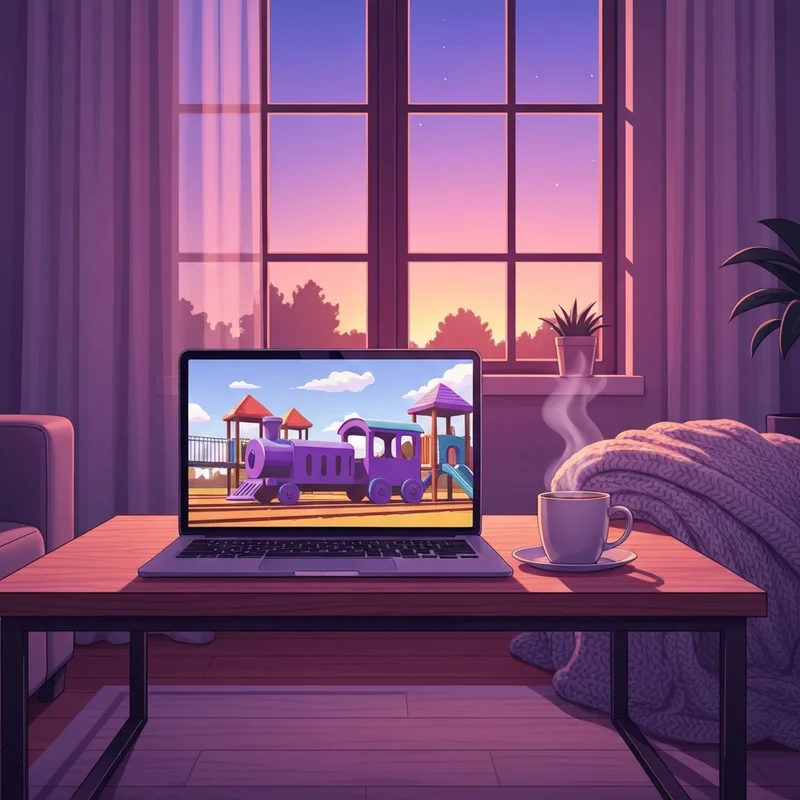 A cozy room with a laptop streaming season 7 barney and friends, symbolizing childhood nostalgia and emotional safety.