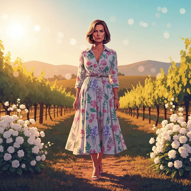 A woman wearing one of the best outdoor wedding guest dresses at a vineyard wedding during sunset.
