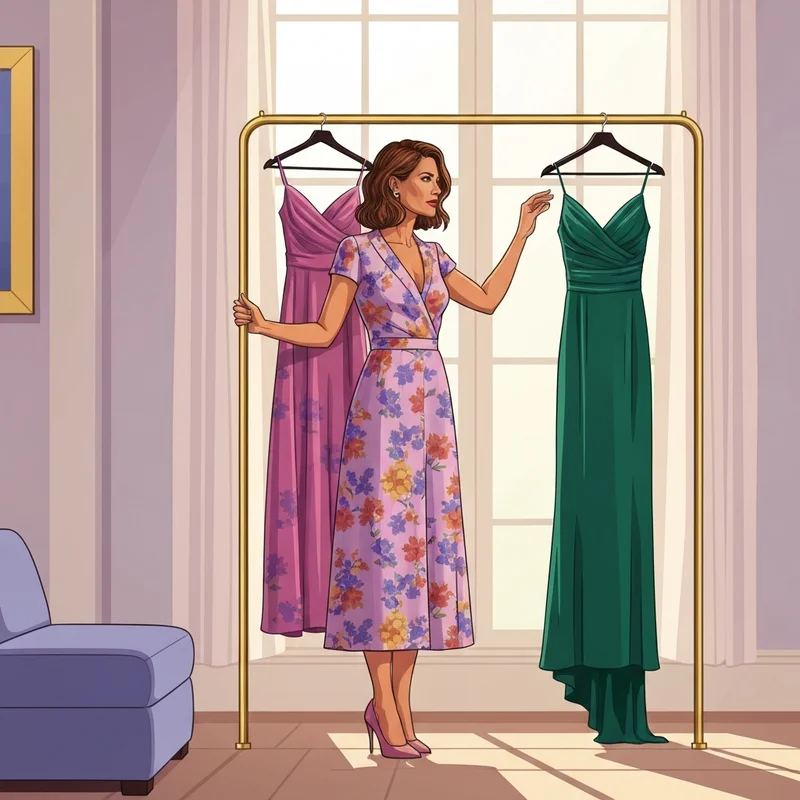 A woman choosing a wedding dress guest nordstrom style in a luxury dressing room.