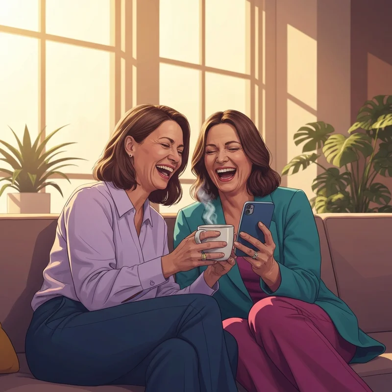 Two best friends laughing and sharing a happy mother day to friend message on a smartphone in a sunny living room.