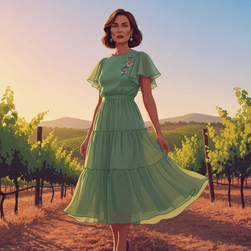 A woman wearing an elegant boho guest wedding dress in a vineyard setting at sunset.