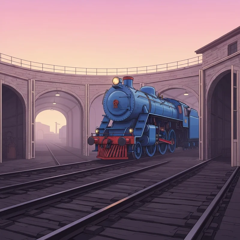 A cinematic model of a blue engine in a roundhouse, capturing the nostalgic essence of Thomas and Friends Season 11.
