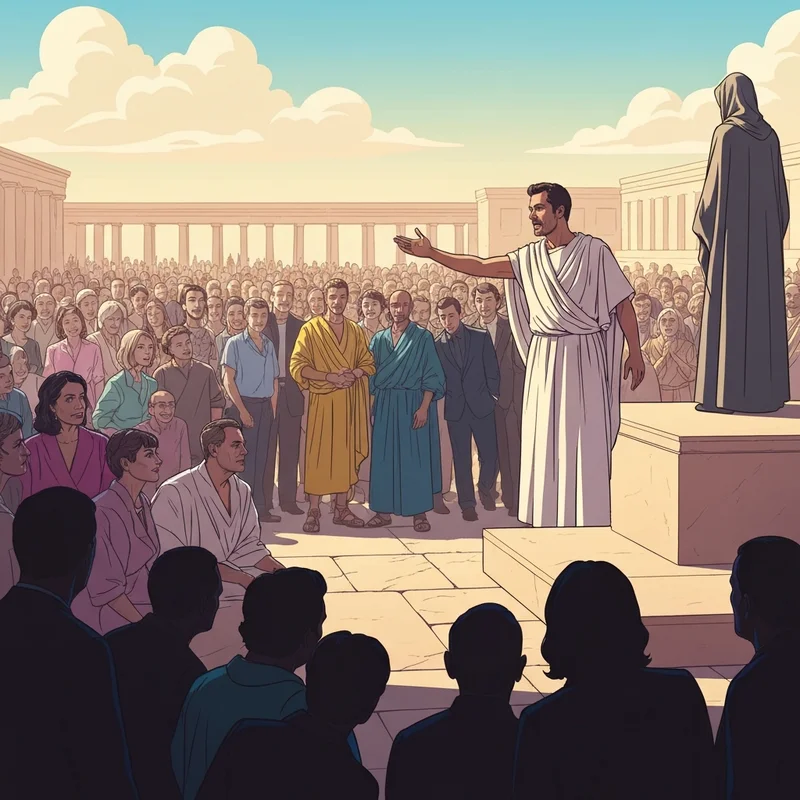 A cinematic depiction of an orator delivering the famous friends countrymen romans speech to a diverse Roman crowd in a sunlit plaza.