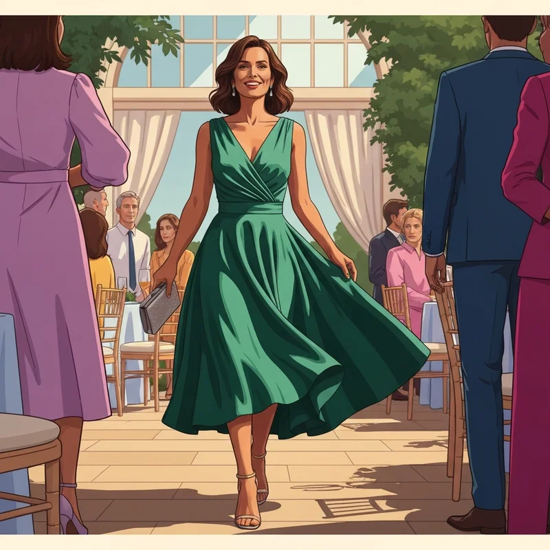 A woman wearing an elegant emerald green aline dress for wedding guest in a sunlit garden setting.