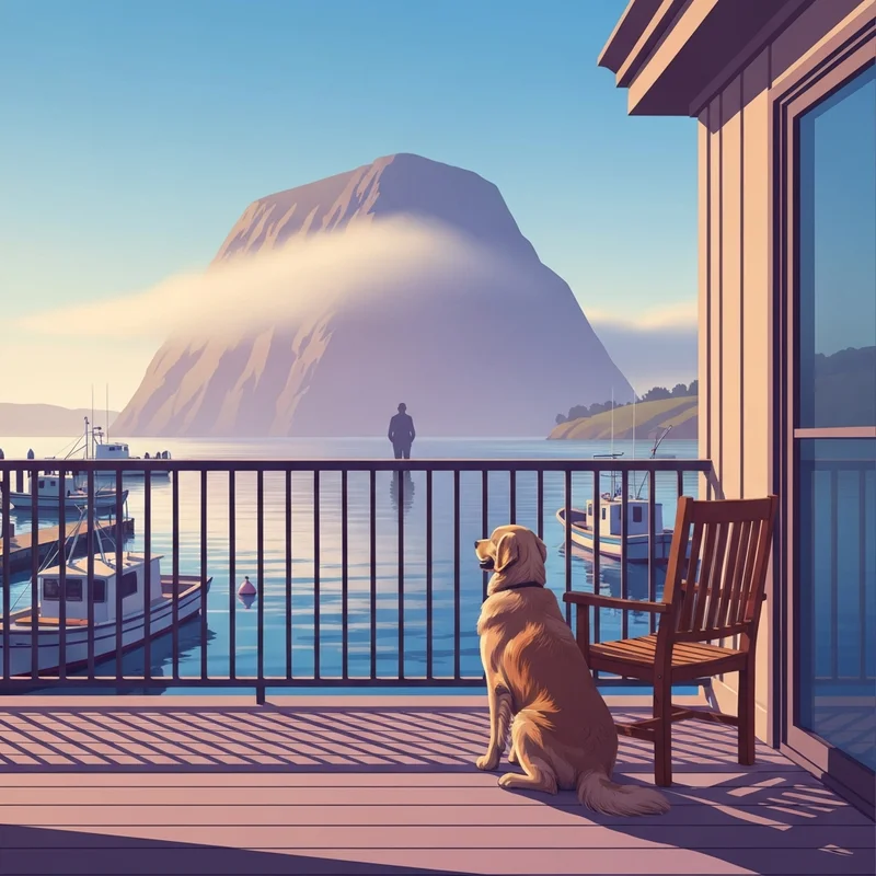 A serene view of a golden retriever on a hotel balcony overlooking the iconic Rock, representing the best morro bay ca hotels pet friendly options.