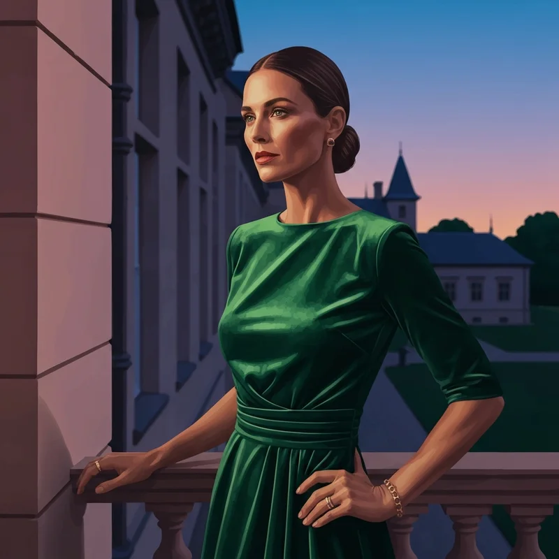 A woman wearing a luxurious emerald green velvet wedding guest dress on a manor balcony.