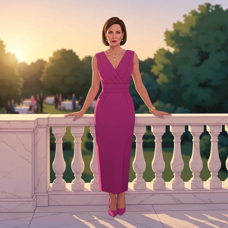 A woman wearing a stunning hot pink wedding guest dress at a luxury outdoor ceremony.