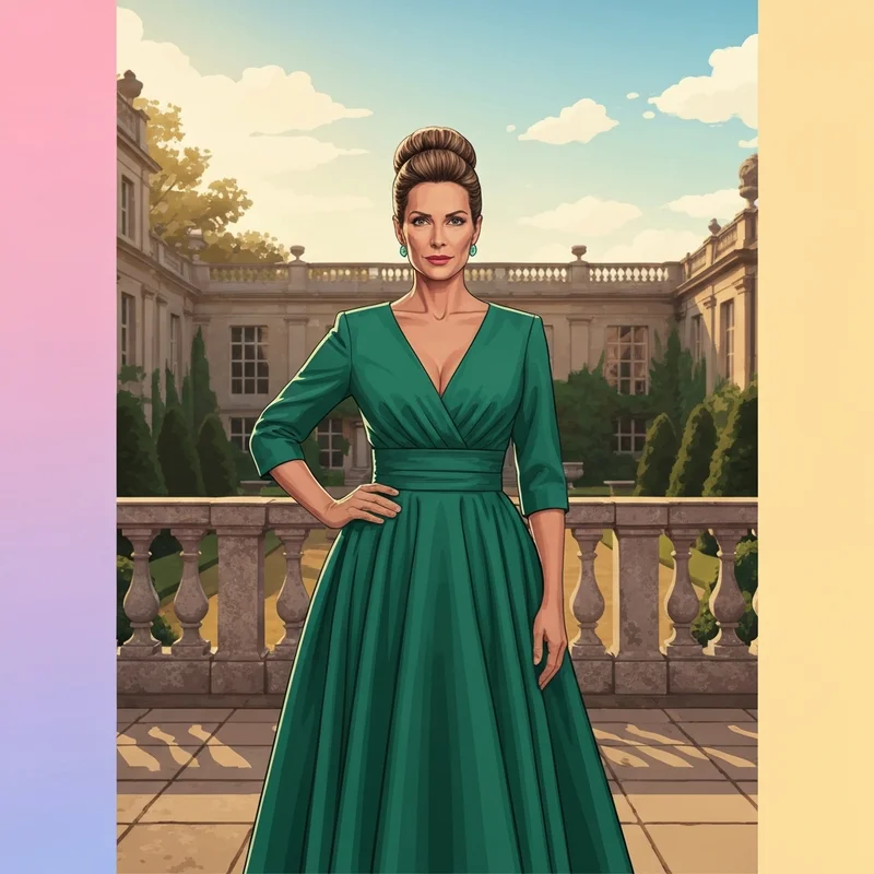 A woman wearing a sophisticated tea length wedding guest dress at a formal evening event.