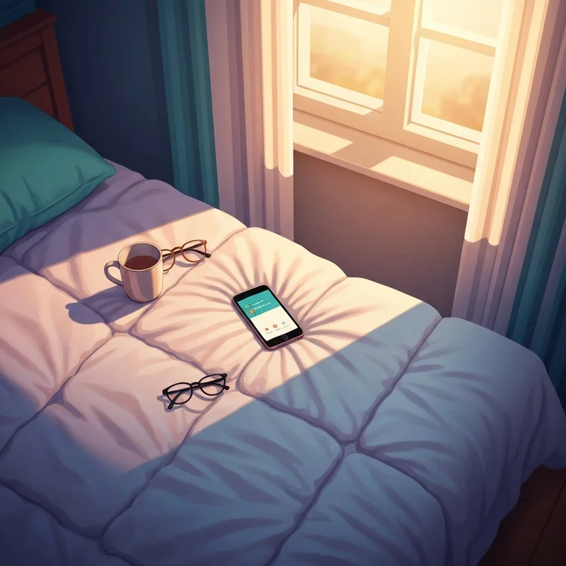 A glowing smartphone on a bed showing a good morning message for a best friend at sunrise.