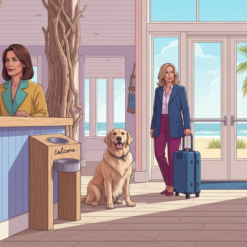 A golden retriever and its owner checking into one of the top pet friendly hotels carolina beach nc.