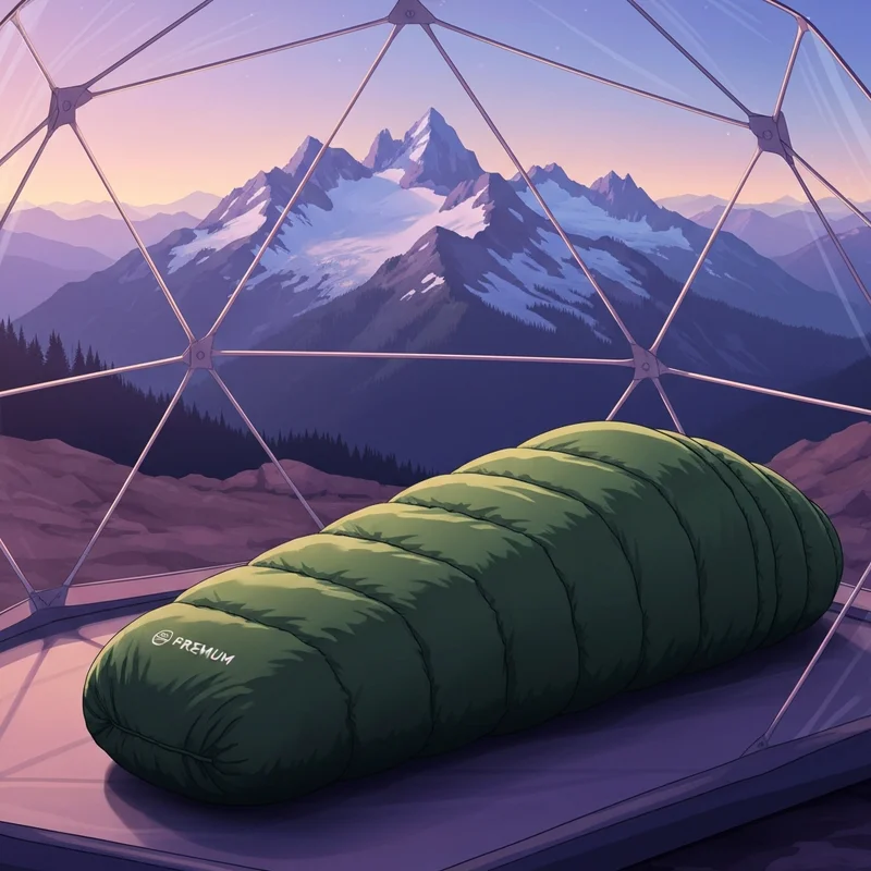 A high-loft feathered friends sleeping bag inside a tent during a mountain sunset.