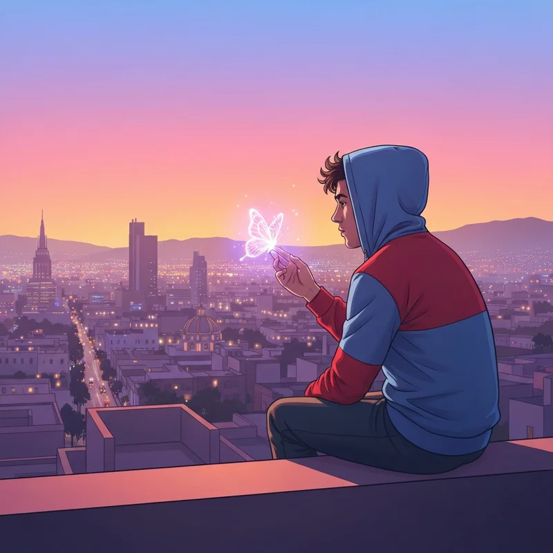 A tribute to Alexis Ortega showing a reflective figure looking over a city at sunset.