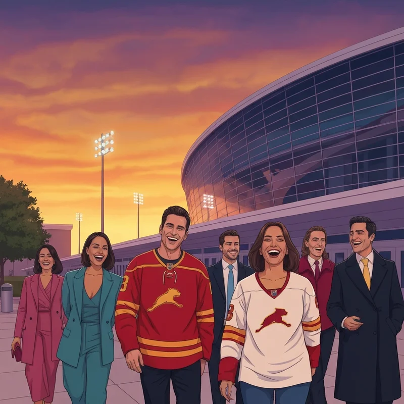 A vibrant crowd celebrating a Florida Panthers victory at Amerant Bank Arena under a gold sunset.