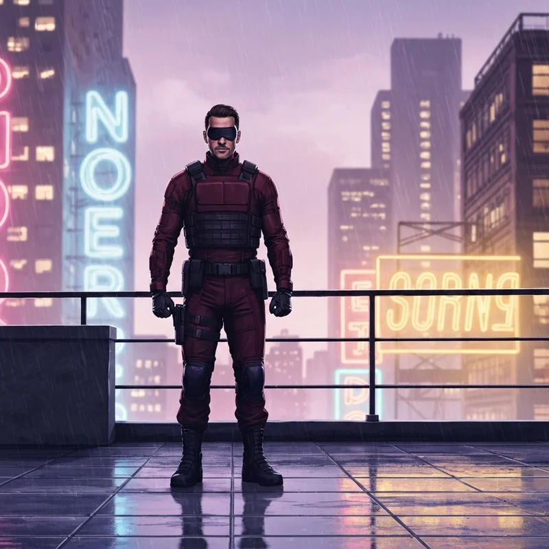 The iconic hero Matt Murdock prepares for Daredevil Born Again Season 2 on a rainy rooftop.