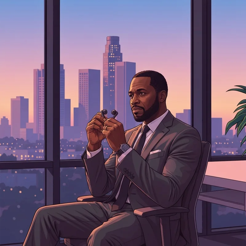 A successful and reflective Ray J sits in a modern office representing his journey from R&B star to tech mogul.