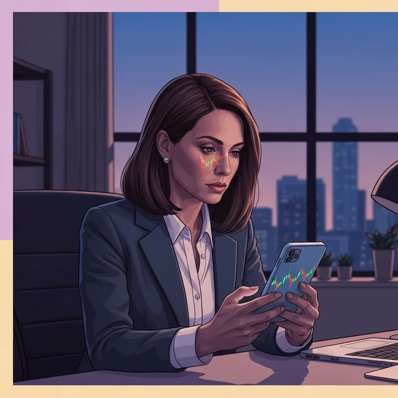 A professional investor analyzing earnings stocks on a smartphone at dusk.