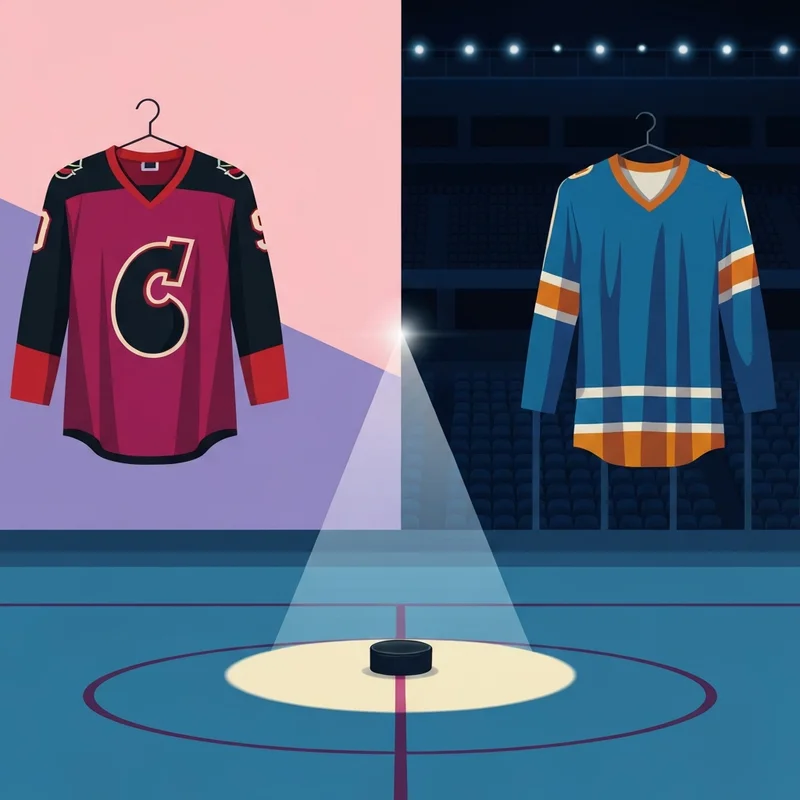 A symbolic representation of the Ondrej Palat trade showing the transition between two team jerseys on a professional hockey rink.