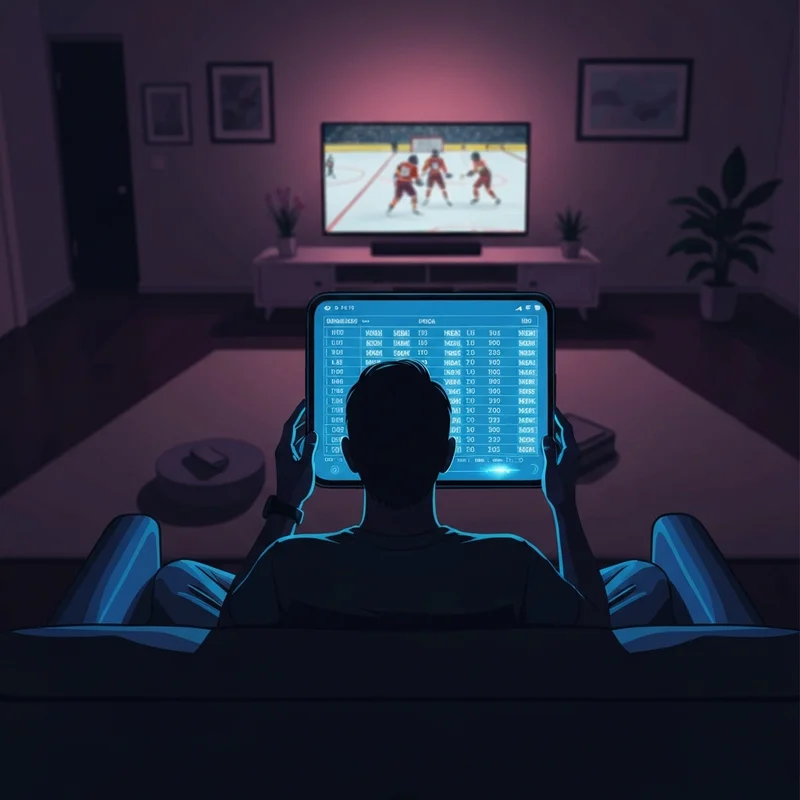 A fan checking the current nhl standings on their phone late at night in a dark room.