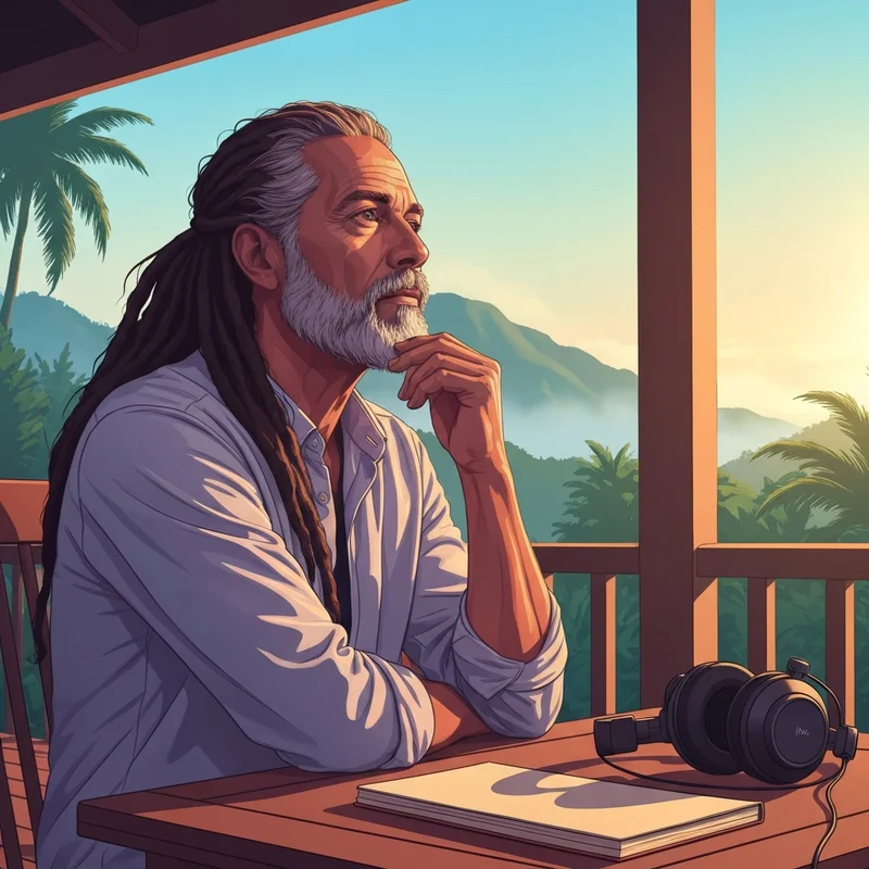 A peaceful and reflective scene capturing the legacy of j cole in a tropical setting.
