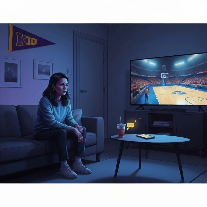 A focused fan watching the Kansas State vs West Virginia game in a dark living room with university pride.