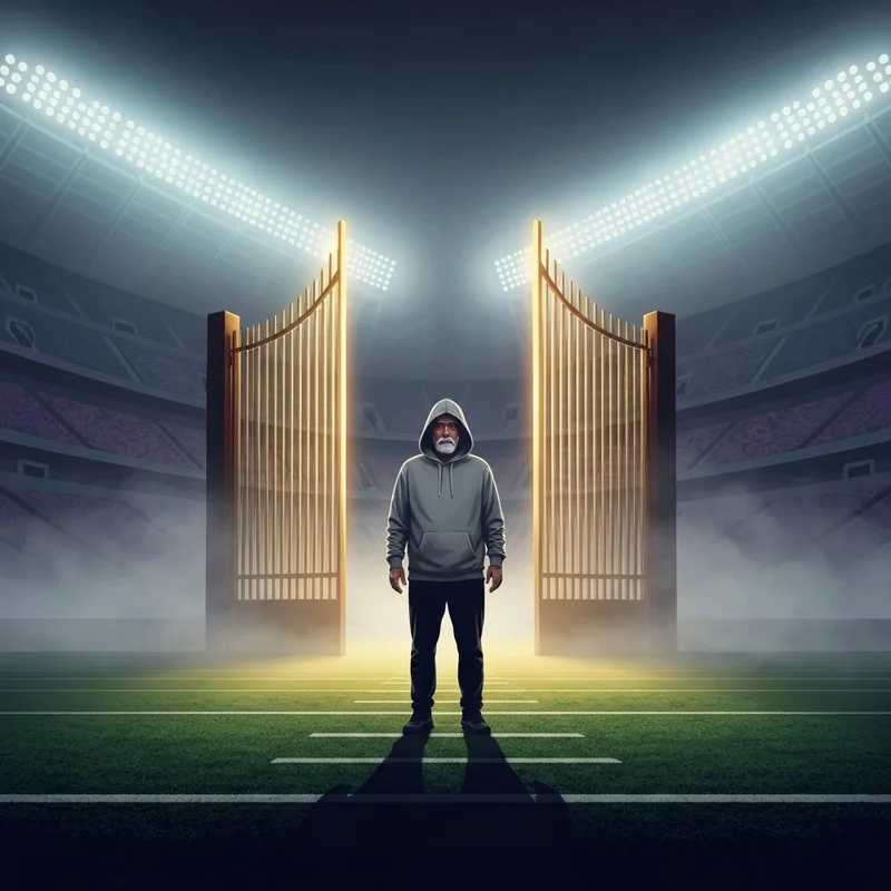 A stoic leader in a hoodie representing Bill Belichick standing before the gates of a stadium, symbolizing the Hall of Fame snub.