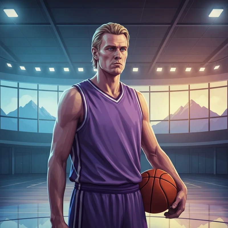 A stoic portrait of Lauri Markkanen in his Utah Jazz uniform standing in a cinematic arena environment.