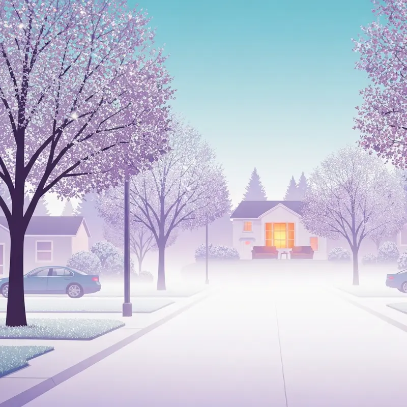 A quiet morning scene showing the effects of freezing fog on trees and roads with a warm house light in the background.