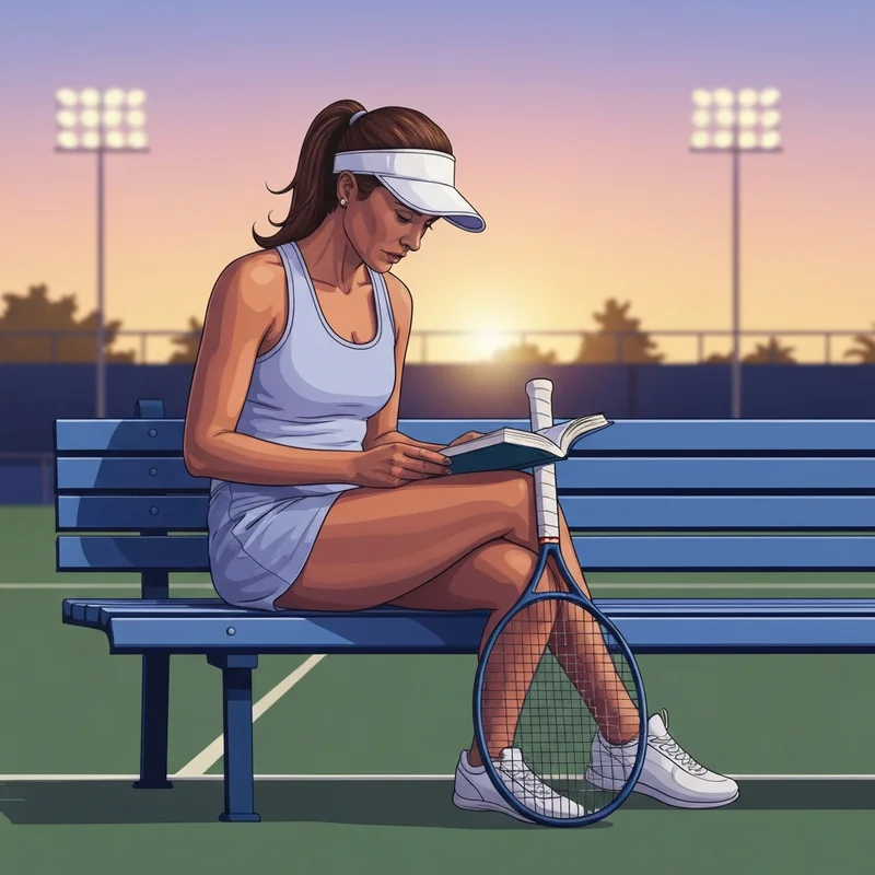Iga Swiatek inspired athlete sitting on a blue court bench with a book, representing mental performance and focus.