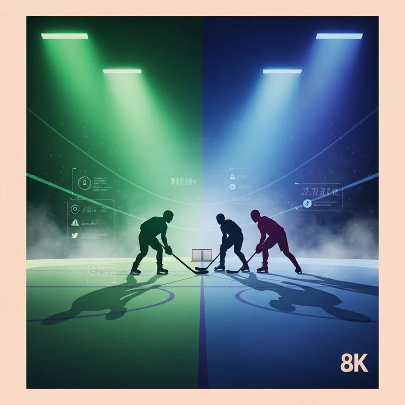 A cinematic representation of the stars vs blues NHL rivalry showing emerald and sapphire themed hockey players in a futuristic arena.