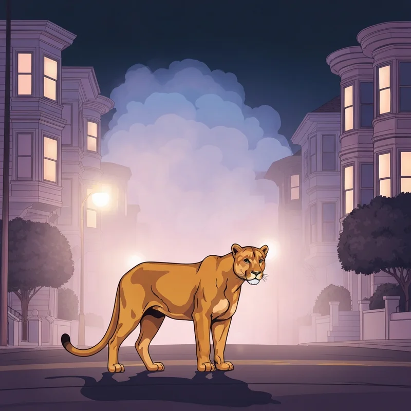 A cinematic shot of a mountain lion san francisco roaming the streets of Pacific Heights at night.