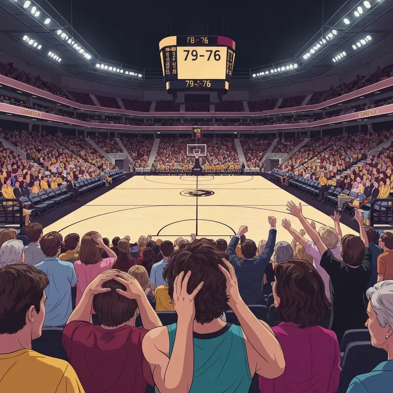 The dramatic final moments of the Arizona State vs UCF basketball game showing fan reactions to the 79-76 score.