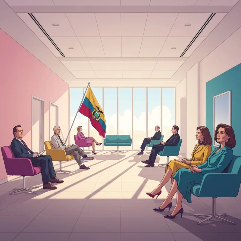 A secure and professional interior view of an ecuadorian consulate with natural lighting and the national flag.