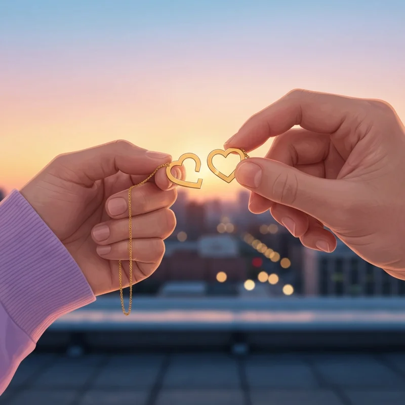 Two hands bringing together two halves of gold best friends forever necklaces against a sunset city backdrop.