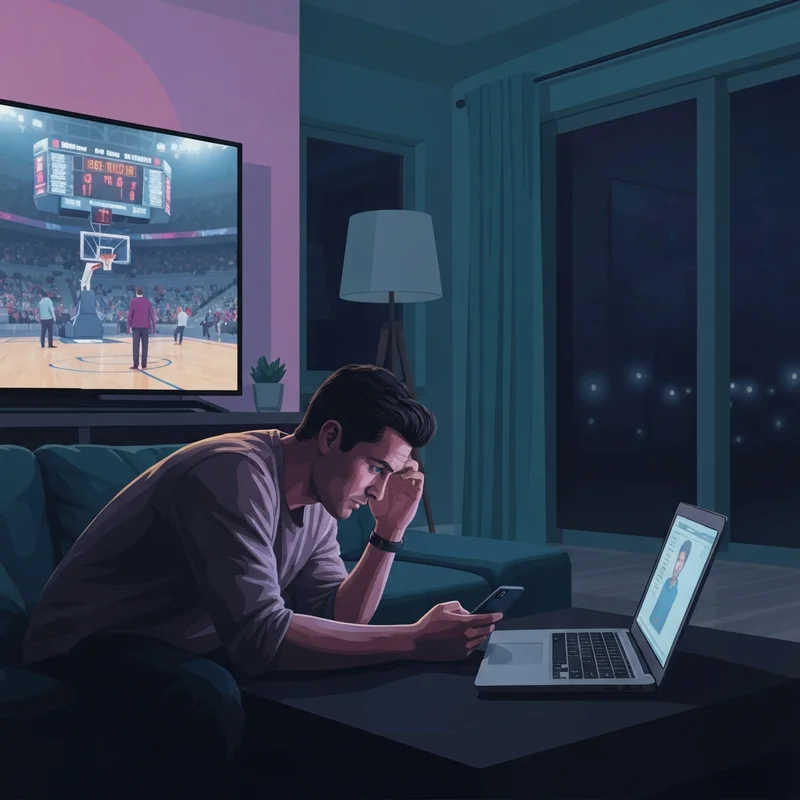 A young man checking the big ten basketball standings on his phone late at night with a focused expression.