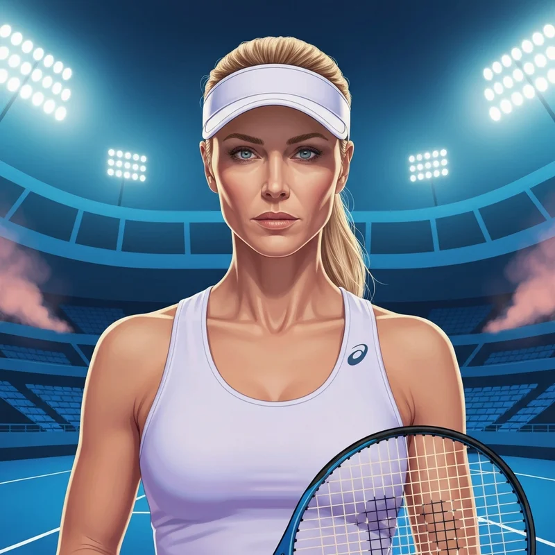 A cinematic shot of elena rybakina demonstrating mental focus on a tennis court.