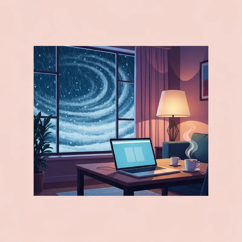 A cozy apartment interior during a bomb cyclone with warm lighting and a view of a winter storm outside.