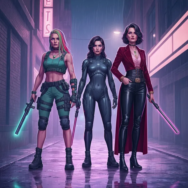 The core trio from the mattel kpop demon hunters dolls line in a cinematic midnight setting.