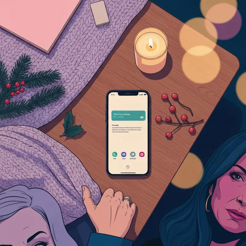 A cozy holiday scene featuring merry christmas messages to friends on a smartphone screen.