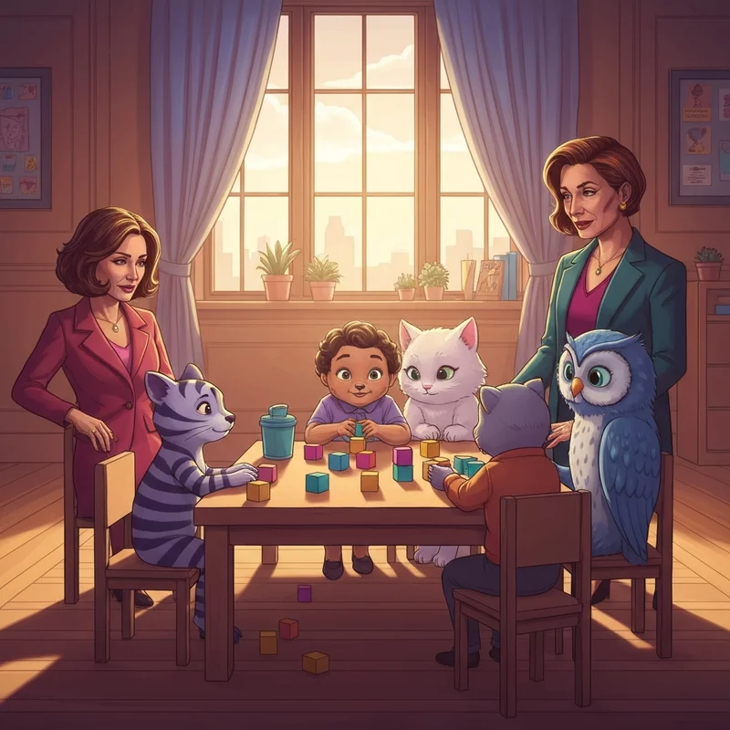 A group of daniel tiger friends sitting together and practicing sharing toys in a sunny preschool classroom.