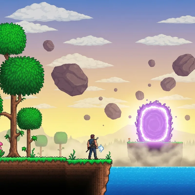 A heroic character looks over a vibrant pixel-art world as the Terraria 1.4.5 update brings new adventures and boulders.