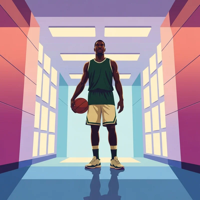 Myles Turner standing in the tunnel of a professional basketball arena wearing a Milwaukee Bucks uniform.