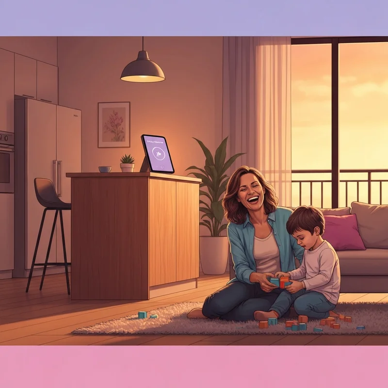 A happy mother and child playing in a kid-friendly smart home with automated warm lighting and a family routine hub.