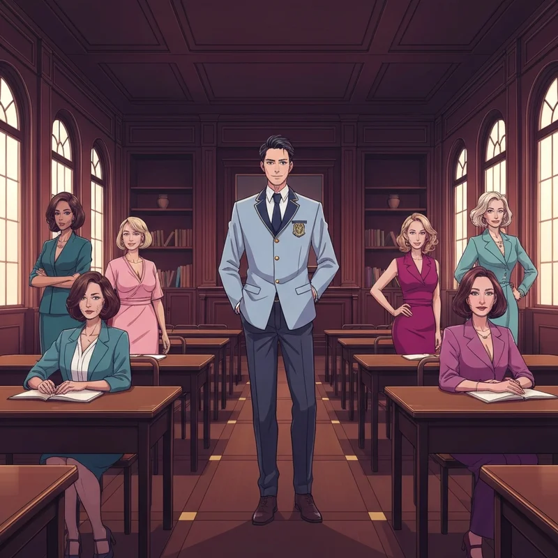 A group of elite students at Seifuukan Academy from the Sexfriend Gakuen series exploring themes of social hierarchy and confidence.