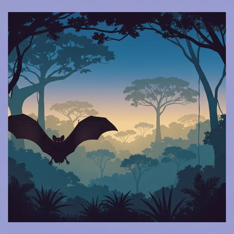 A serene but slightly mysterious tropical forest at night, highlighting the habitat of animals involved in the nipah virus outbreak.