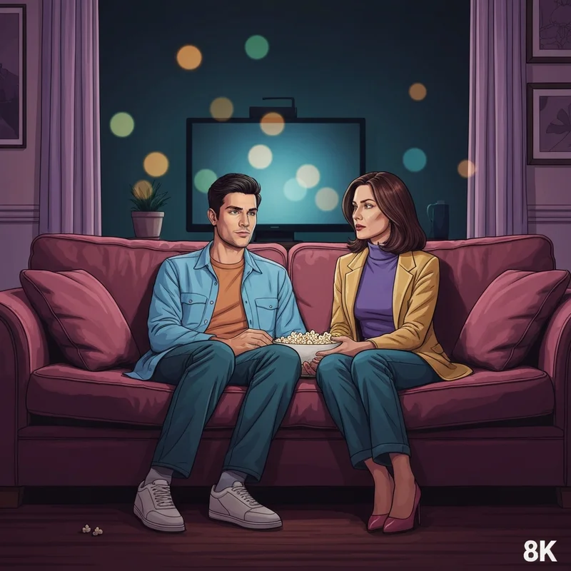 Two best friends watching friends to lovers movies on a cozy couch with romantic tension.