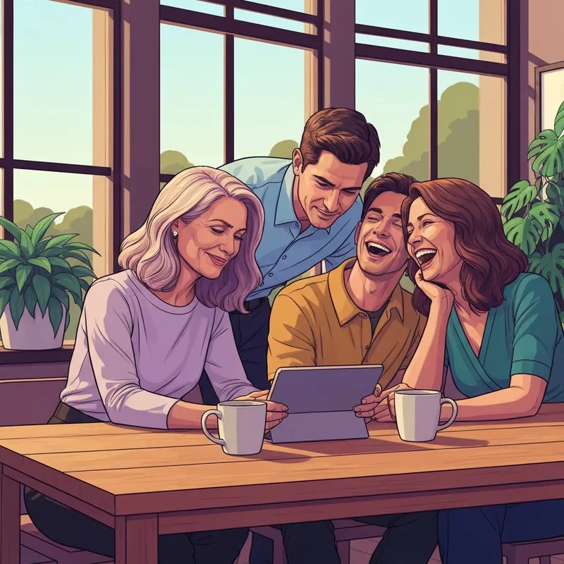 A group of diverse friends in a modern sunroom embodying the friends and co philosophy of intentional companionship and chosen family.