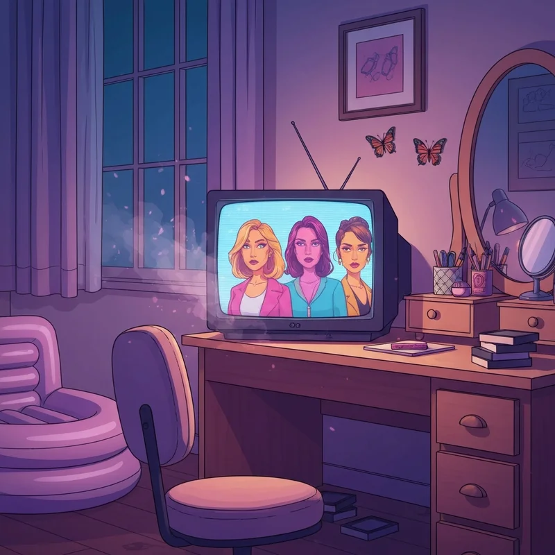 A nostalgic 2000s bedroom featuring a glowing CRT television displaying characters from Audrey and Friends.