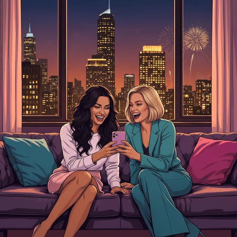 Two best friends laughing while sending new year wishes for best friend on their phone during a 2026 celebration.