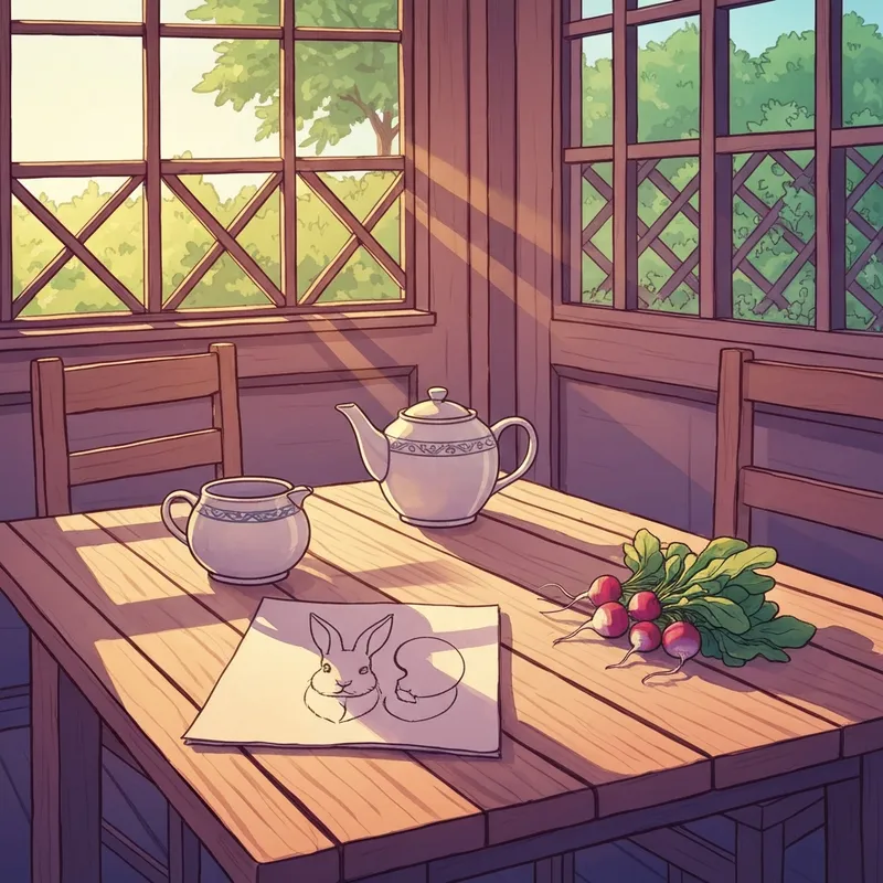 A cozy Victorian setting inspired by the world of peter rabbit & friends featuring a teapot and garden views.